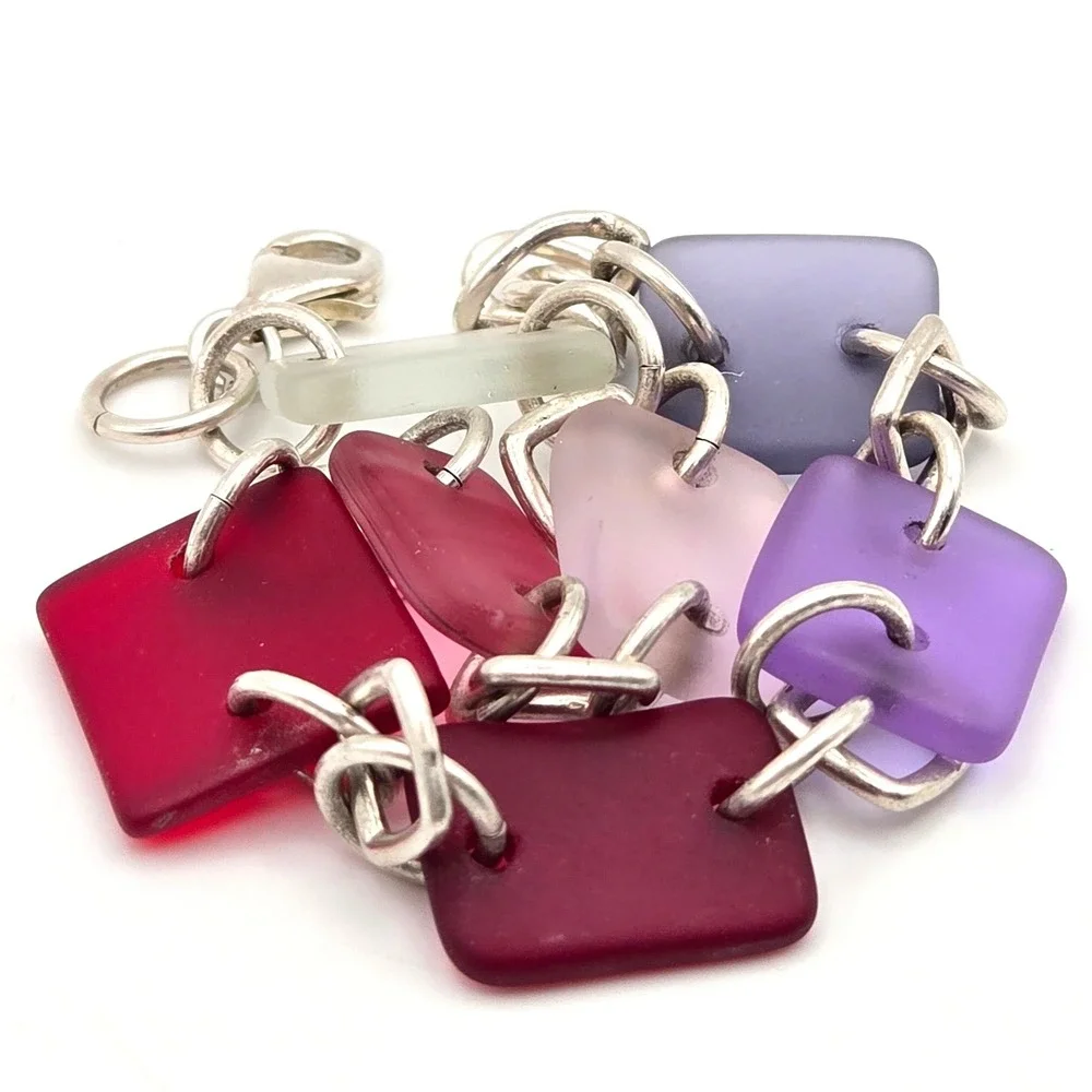 Sterling Silver 925 Frosted Sea‎ Glass Multi Color Rectangle Link Bracelet